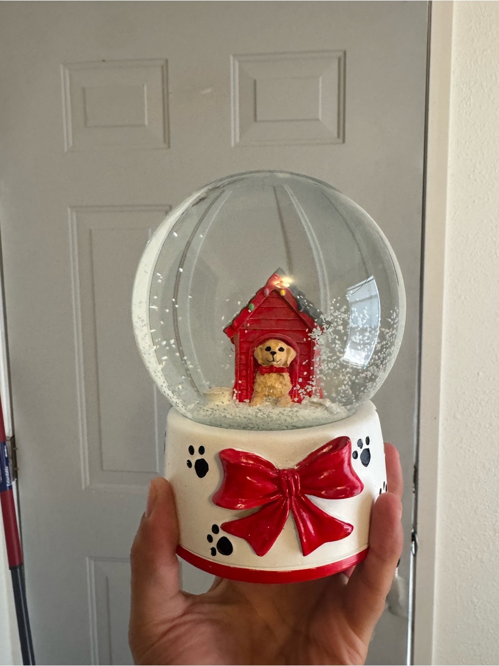 Holiday Dog Snow Globe with Red Bow and Doghouse
